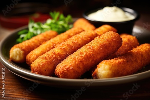 These delectable mozzarella sticks are the perfect finger food, with a crispy exterior that gives way to a gooey, molten cheese center.
