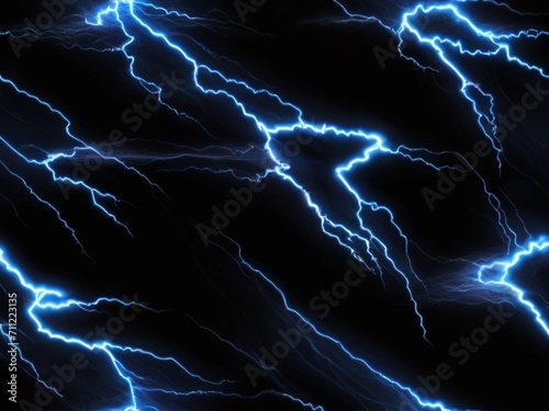 Blue neon lightning bolt on plain black background from Generative AI