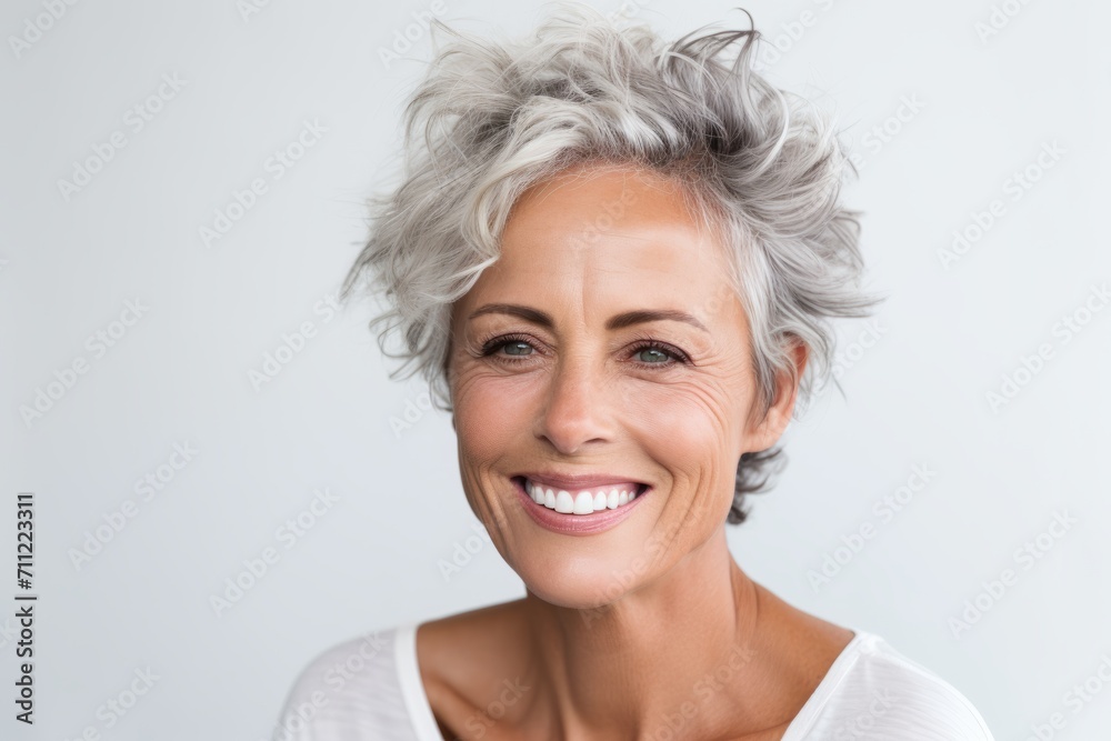 Portrait of a beautiful mature woman smiling at the camera while standing against grey background