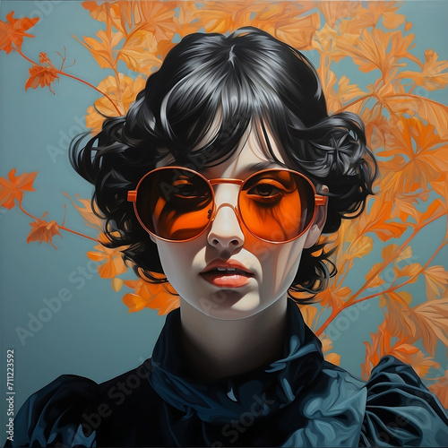 Mysterious Autumn Beauty: Woman Surrounded by Vibrant Orange Leaves Against Cool Blue Background - Perfect for Fall Season Concepts, Natural Beauty Themes, and Artistic Portraits