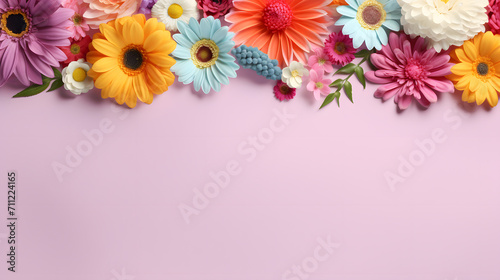 Flat lay composition made of meadow spring multicolour gerbera flowers on soft Pink background  Backdrop with copy space.