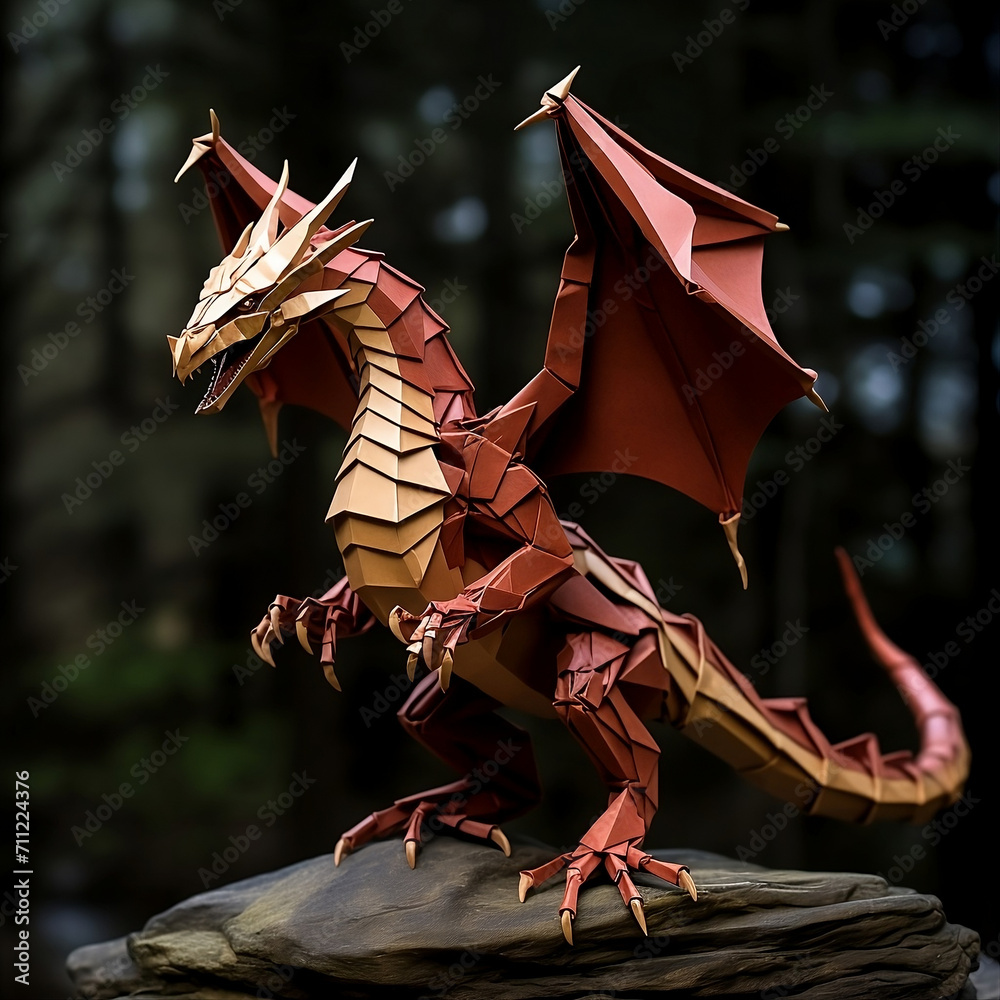 Majestic Origami Dragon in Enchanted Forest - Perfect for Fantasy Concept Art, Children’s Book Illustrations, and Mythical Theme Decorations