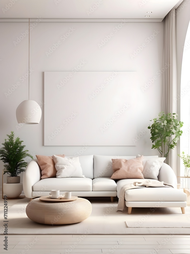 Fototapeta premium Cozy white living room interior, home mockup, 3d render