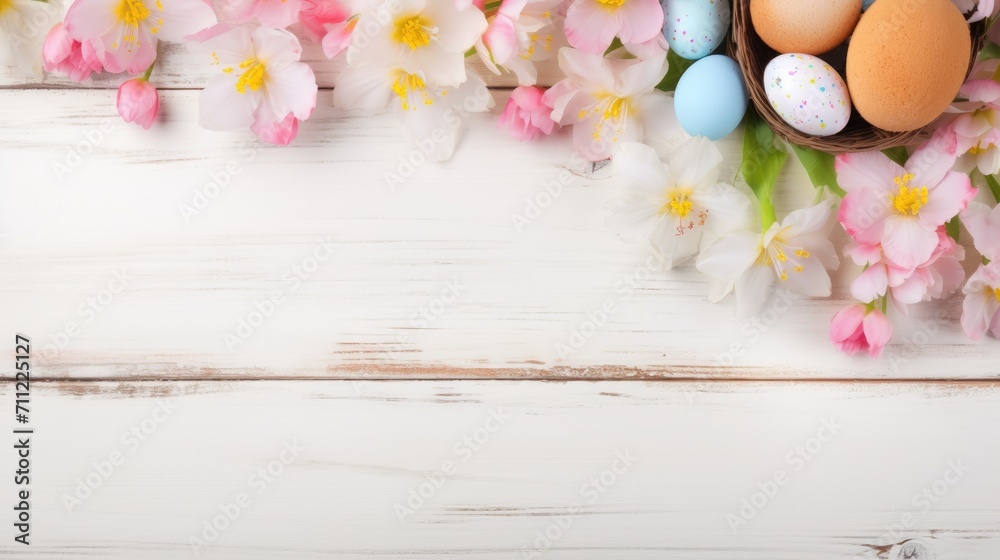 Easter basket with eggs and spring flowers on a white wooden background, a nest with painted eggs. Festive background, greeting card.happy Easter. Easter background with space to copy. Easter basket with eggs and spring flowers on a white wooden background, a nest with painted eggs. Festive background, greeting card.happy Easter. Easter background with space to copy.