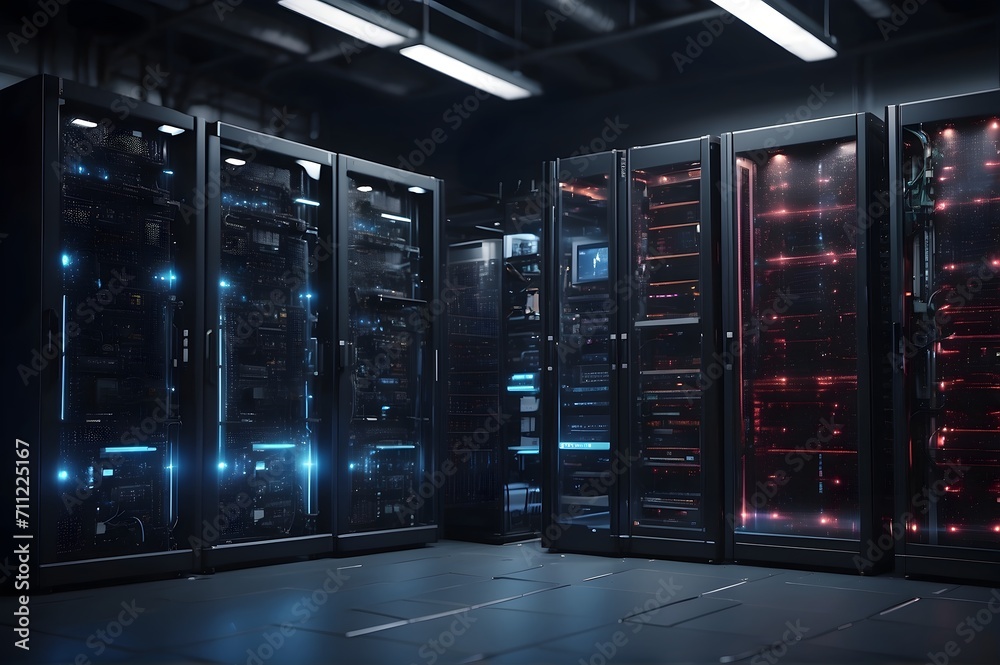 Modern Data Technology Center Server Racks in Dark Room with VFX ...