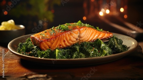 A visuallystriking shot that captures collard greens served alongside a mouthwatering fillet of grilled salmon, creating an exquisite fusion of flavors and textures that will tantalize your