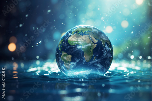 earth in water with bright blue bokeh background  World Water Day banner concept