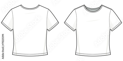 Basic T-shirt flat technical fashion illustration. Tee shirt vector template illustration. front and back view. slim fit. drop shoulder. unisex. white color. CAD mockup.