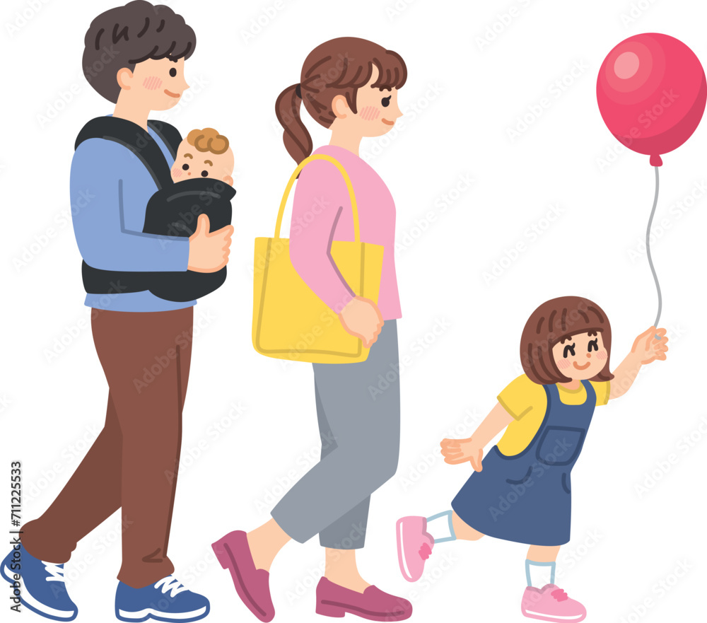 お出かけする家族のイラスト素材　子供を連れで歩く若い夫婦