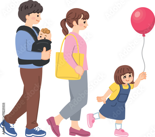 お出かけする家族のイラスト素材　子供を連れで歩く若い夫婦