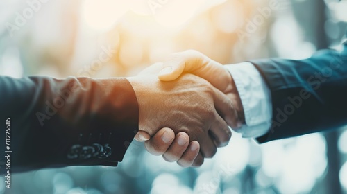 Capture the moment of success with a business partnership meeting and a powerful handshake. Successful businessmen sealing the deal against a horizontal, blurred background. Generative Ai
