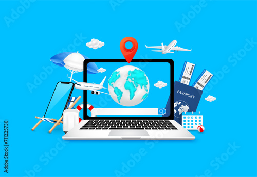 Search bar empty and World map, red location pin in laptop computer with airplane taking off. Deck chair umbrella luggage, ticket passports. Search to travel destination, booking flight online. Vector