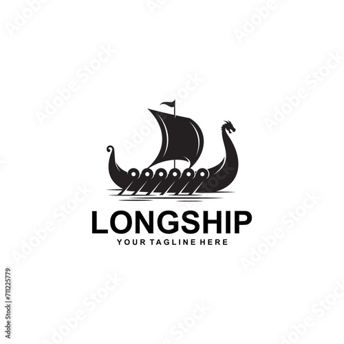 Black Viking Longship with Dragon head above sea water