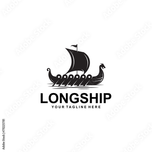 Black Viking Longship with Dragon head above sea water
