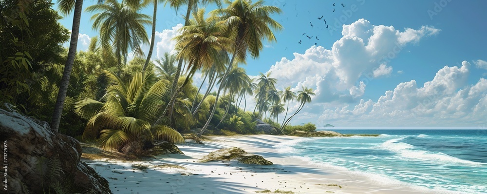Discover a serene, natural beach with coconut trees and azure seas, perfect for a peaceful summer escape. Generative Ai