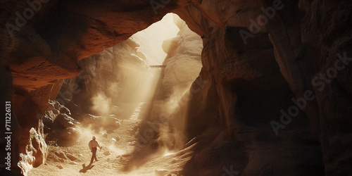 geologist in a cave walking across the sand