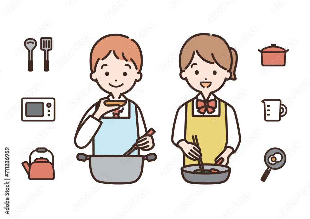 料理をする学生の男女のイラスト