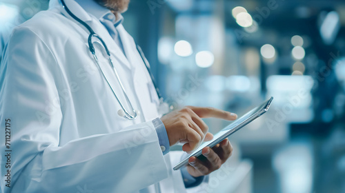 Doctor using a tablet to review patient medical history in a hospital setting. Professional healthcare concept showcasing technology integration for efficient patient care