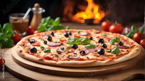 pizza with salami and mushrooms,Tasty freshly made pizza presented on a wooden table.