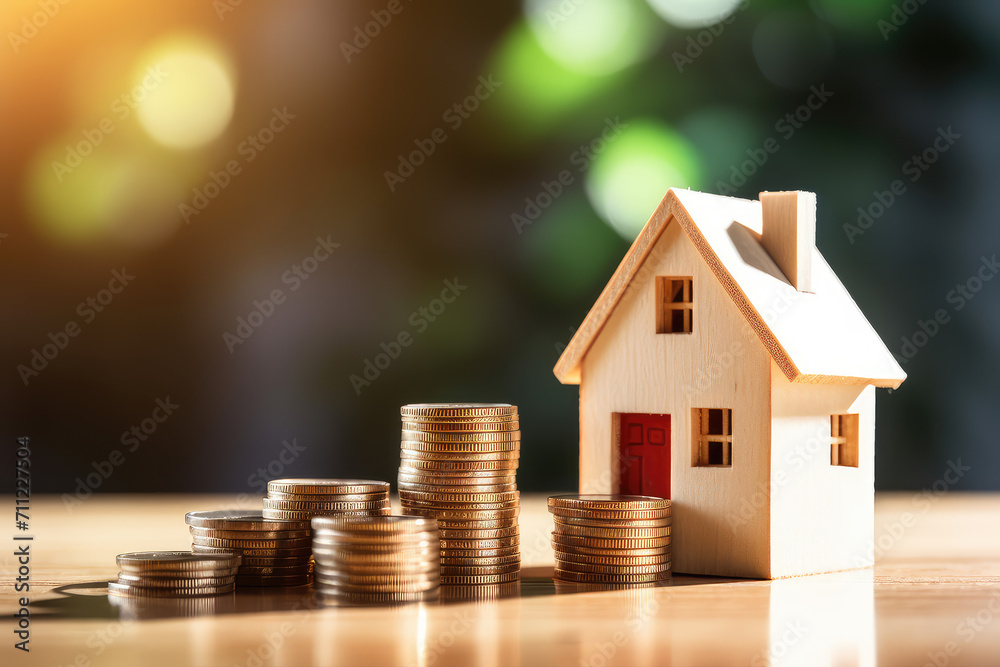 Real estate investment, mini house on a stack of coins, symbolizing mortgage, savings, and the property market. Real estate investment, mini house on a stack of coins, symbolizing mortgage, savings, and the property market.