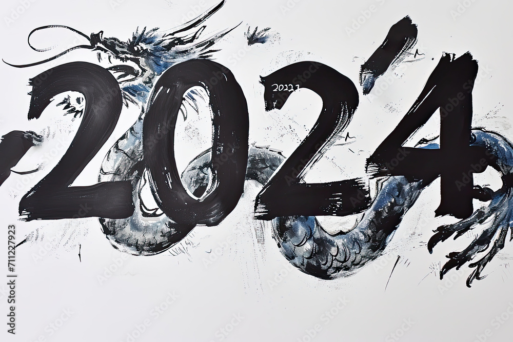 Chinese new year 2024 year of the dragon grunge ink painted banner - obrazy, fototapety, plakaty 