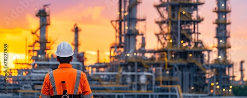 Worker in safety attire surveys oil and gas industrial area, embodying technology, safety, environment, and industrial work concepts. Generative Ai