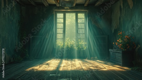 Empty abandoned room with light shining from the window. Empty living room with sunlight shine, wooden floor, dark wall. Renovate, Old house. Old room without renovation