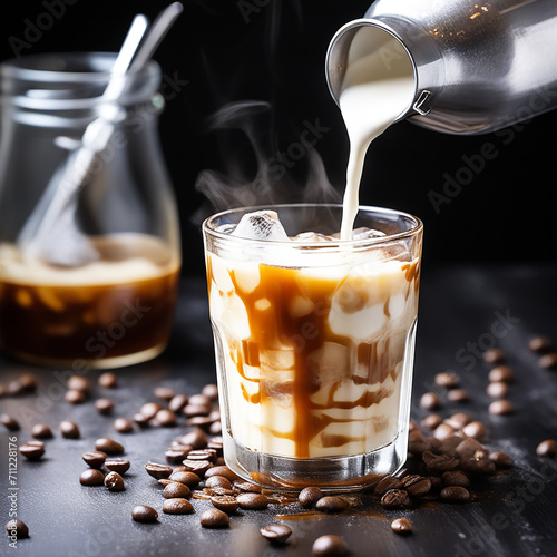 Creamy Fusion: Milk Being Poured into Iced Coffee on a Dark Table
