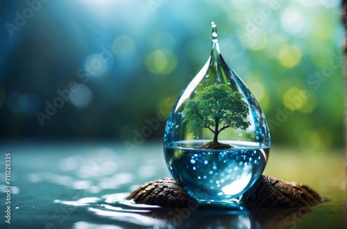 drops of water with tree growing inside in fresh blue watery bokeh background, World Water Day banner concept with copy space