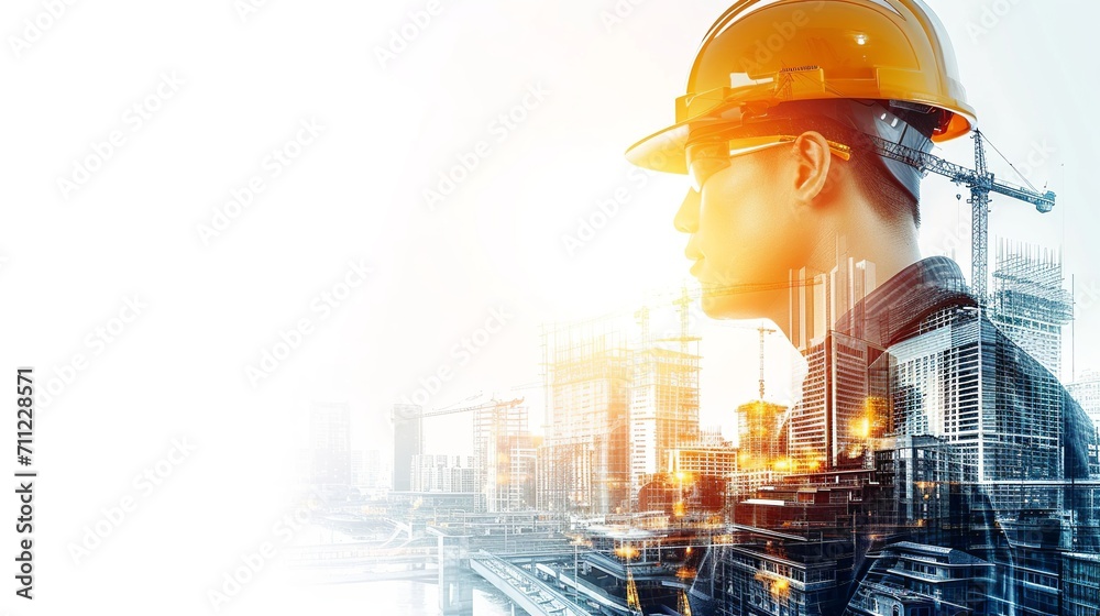 Double exposure of engineer in safety helmet with oil plant. The synergy of industrial, technology, safety, and environmental work concepts. Generative Ai Double exposure of engineer in safety helmet with oil plant. The synergy of industrial, technology, safety, and environmental work concepts. Generative Ai