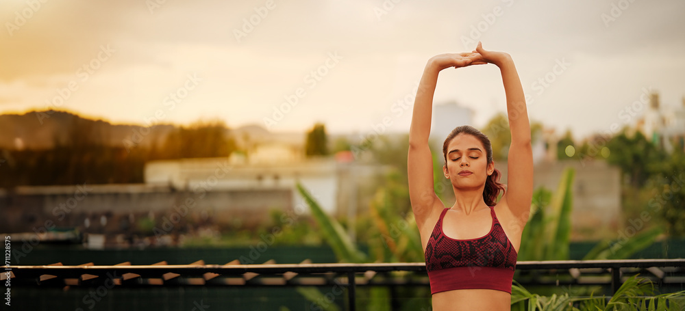 Indian Asian Hindu gen z woman lady do standing yoga pose day workout home young female girl warm up gym fitness sport class learn good self heath care habit outdoor house