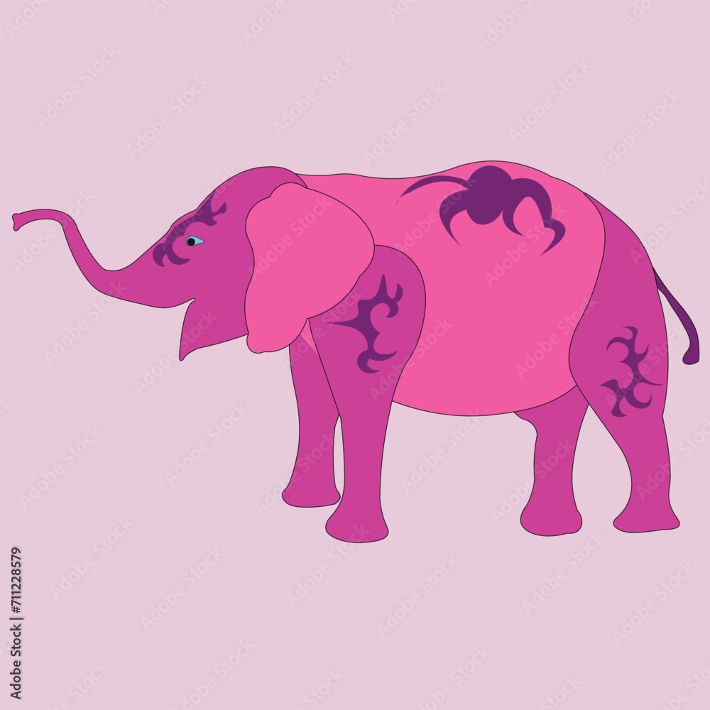 A large elephant stands on four legs, has a head, ears, tail and trunk. The animal is drawn as a side view. A large elephant stands on four legs, has a head, ears, tail and trunk. The animal is drawn as a side view.