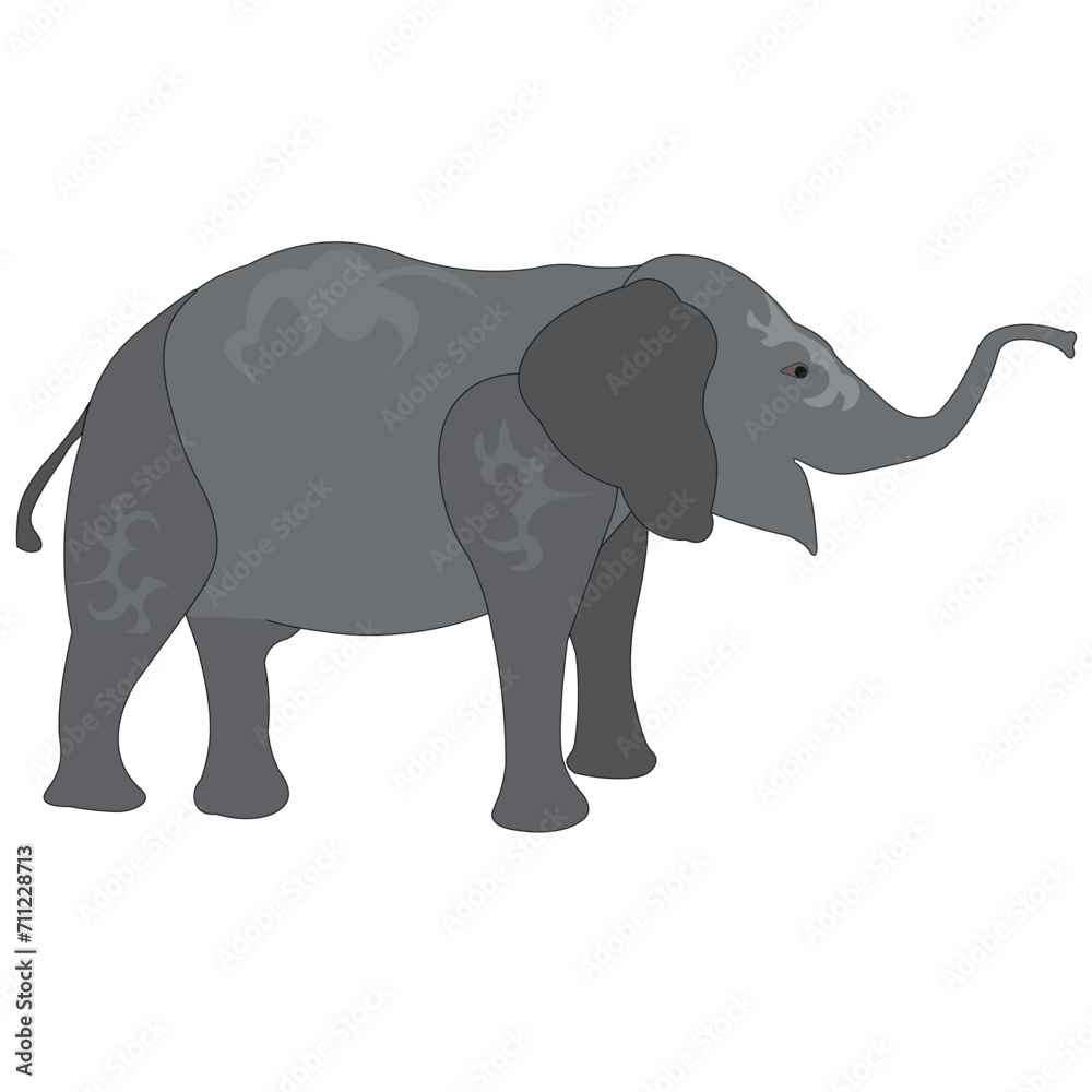 A large elephant stands on four legs, has a head, ears, tail and trunk. The animal is drawn as a side view. A large elephant stands on four legs, has a head, ears, tail and trunk. The animal is drawn as a side view.
