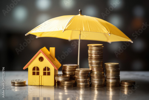 Wallpaper Mural Financial safety, depicting a small yellow umbrella over a pile of coins and a house model, symbolizing protected investments. Torontodigital.ca
