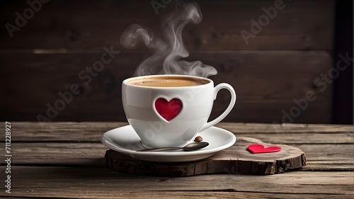 cup of coffee on table,Classic Coffee Cup on Rustic Wood with Steam in the Shape of a Heart