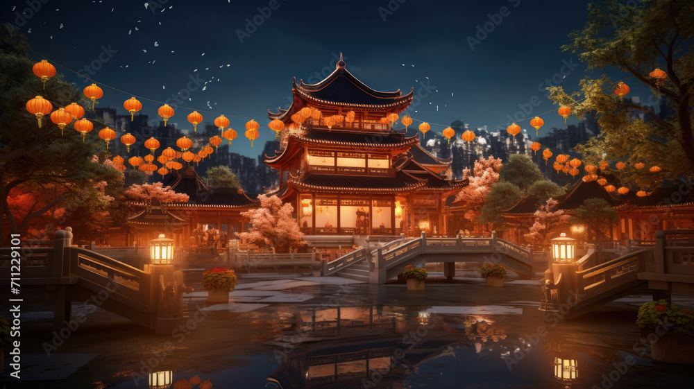 Chinese new year, Traditional Chinese lanterns display in Temple illuminated for Chinese new year festival, at night. Year of dragon, 2024.	
