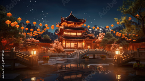 Chinese new year, Traditional Chinese lanterns display in Temple illuminated for Chinese new year festival, at night. Year of dragon, 2024. 