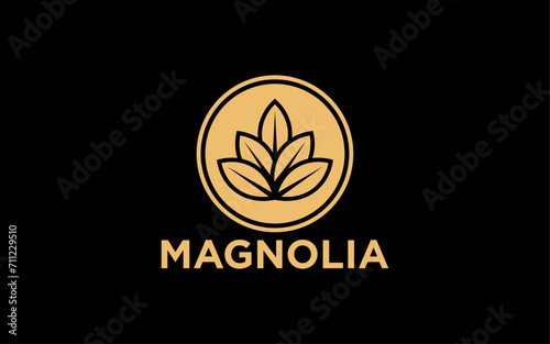 Fototapeta Naklejka Na Ścianę i Meble -  Magnolia flowers logo illustration. Floral wreath. Botanical floral emblem with typography