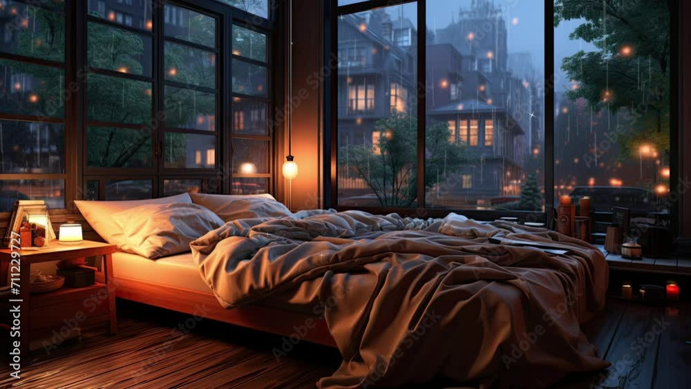 Cozy Slumber in Raindrop Rhythm. Seamless Animation Video Background in 4K Resolution.
