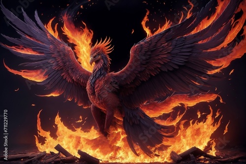 A majestic phoenix spreads its fiery wings amidst roaring flames. A symbol of rebirth and power; a mythical spectacle of art