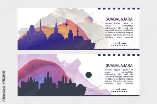 Guadalajara city banner pack with skyline, cityscape, landmark. Mexico, Jalisco travel vector horizontal illustration layout for brochure, website, page, presentation, header, footer