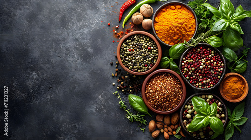 Spices and herbs on dark textured background, Different seasonings in cups or bowl, Food and cuisine ingredients wide banner, Flat lay, top view, food design, with copy space.