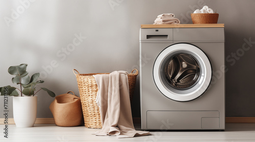 washing machine and basket with clean and dirty things, house cleaning 