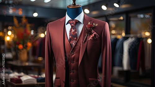Classic Suit in a Clothing Store. Luxury banner for an expensive men's clothing and office suits store, Generative AI