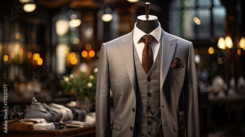 Classic Suit in a Clothing Store. Luxury banner for an expensive men's clothing and office suits store, Generative AI
