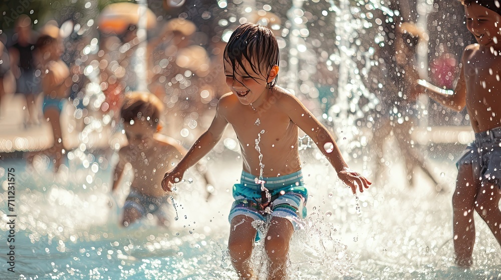 children joyfully playing in a public fountain to cool off on a hot summer day in the city 