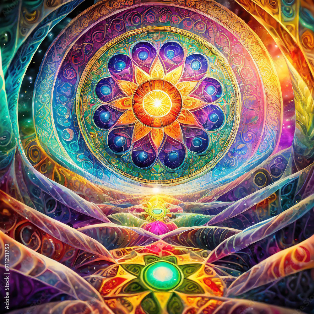 Cosmic Enlightenment: A Spiritual Awakening Amidst Vibrant Mandalas