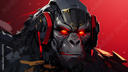 illustration of a gorilla robot with a cool design with red eyes without a background 