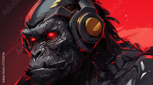 illustration of a gorilla robot with a cool design with red eyes without a background 