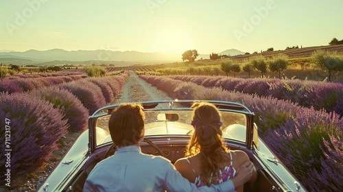 couple enjoying a romantic summer drive in a vintage car, passing through a scenic lavender field  photo
